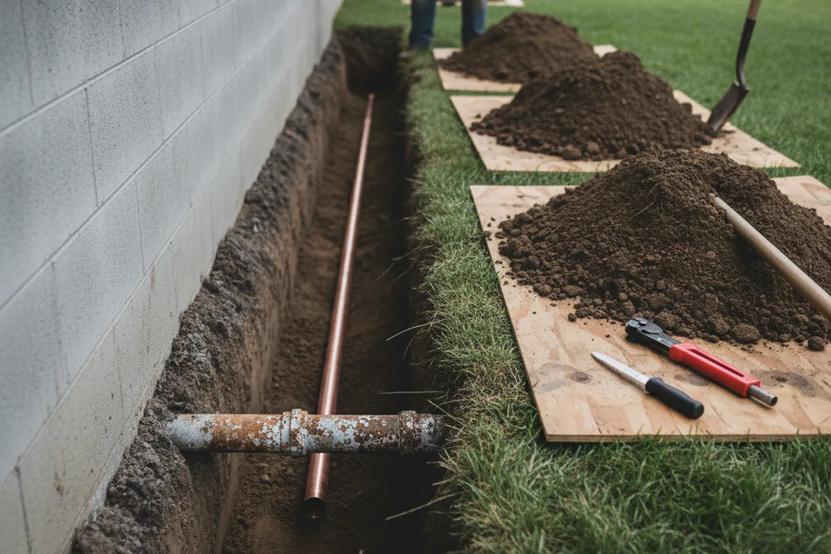 Excavated water line trench during Sewer Line Repair in Hubertus